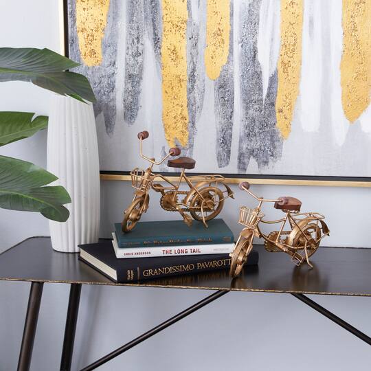 11" Gold Metal Bike Sculpture with Wood Accents Set